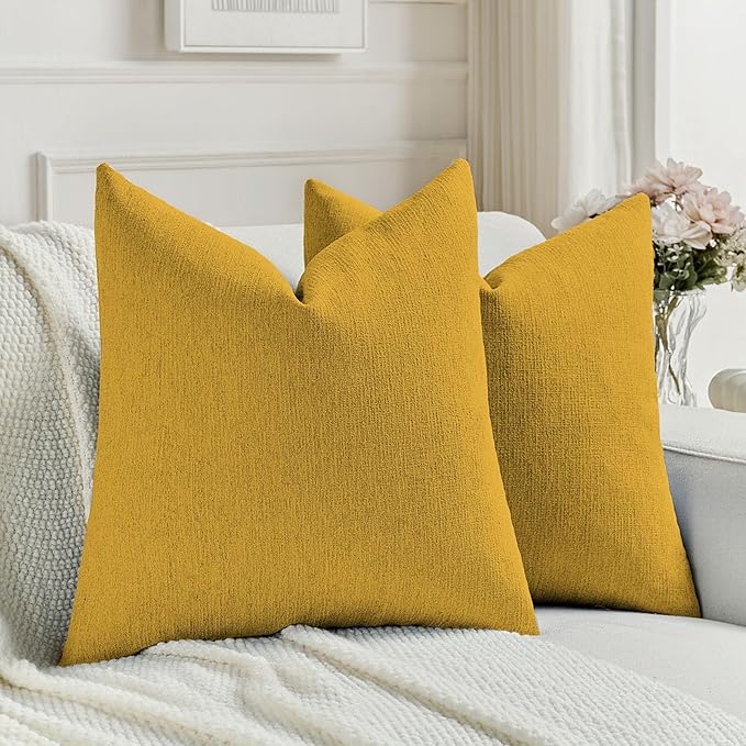 FUTEI Mustard Yellow Chenille Decorative Throw Pillow Covers 20x20 Inch Set of 2,Soft Cozy Faux Linen Textured Cushion Case,Farmhouse Home Decor for Couch Living Room