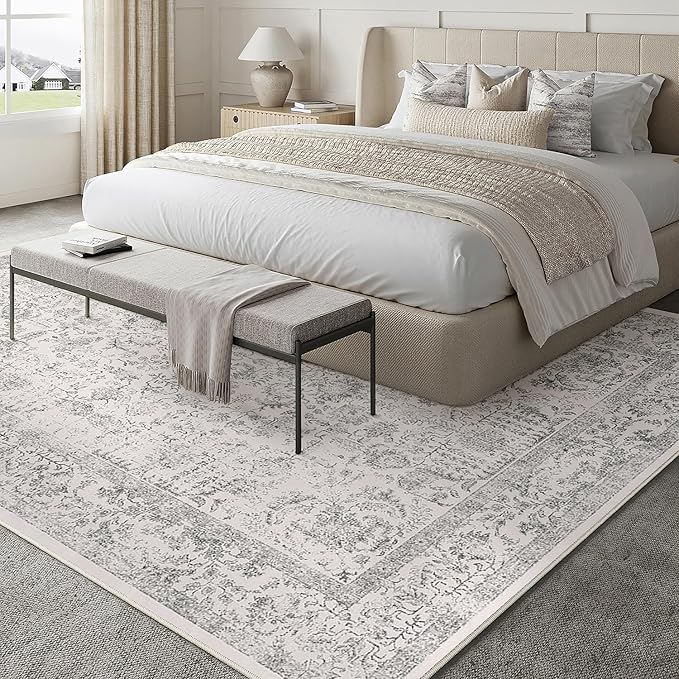 PureCozy Gray Area Rug 6x9 Machine Washable Vintage Living Room Distressed Non Slip Carpet Traditional Indoor Bedroom Grey Retro Floral Accent Throw Large Rug for Office Kitchen Dining Room