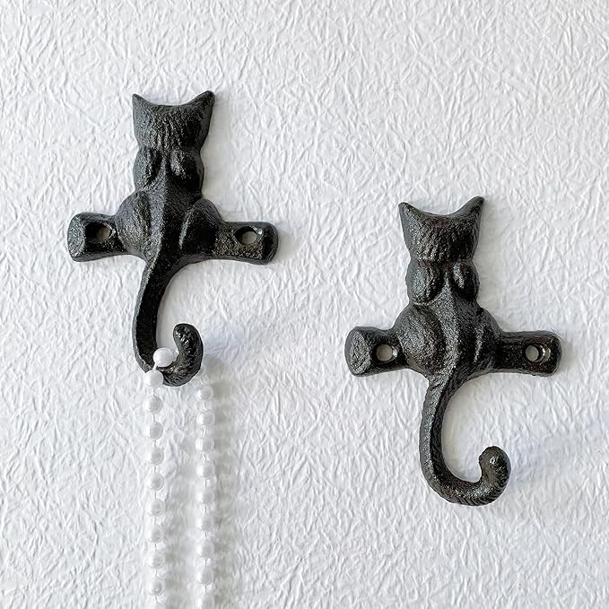 Rustic Cat-Shaped Decorative Wall Hook Rack Hangers for Hanging Clothes, Coats, Towels, Keys, and Hats, 2 Pack Antique Cast Iron Mounted Wall Hooks