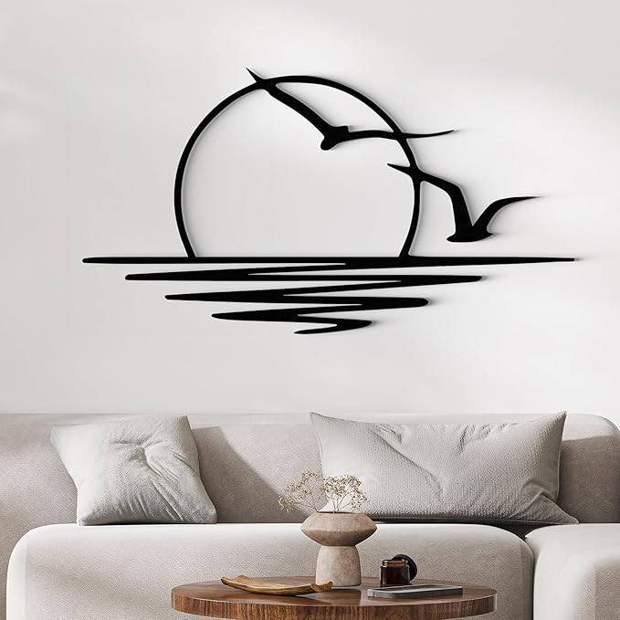 Wita Home Sunset with Seagulls Metal Wall Mounted Art, Handcrafted Metal Home Decor with Static Powder Coating, Eye-Catching Addition to Living Room Decor, Modern Beach Decor for Indoor and Outdoor Spaces, Perfect Housewarming Gift (18 x 9 inches)