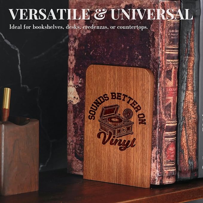 Gifts for Vinyl Record Lovers, Bookends for Vinyl Records, Vinyl Record Storage, Novelty Bookends Unique, Heavy Duty Wooden Book Ends for Shelves Decorative(1 Pair, 4.72x6.69 Inches)