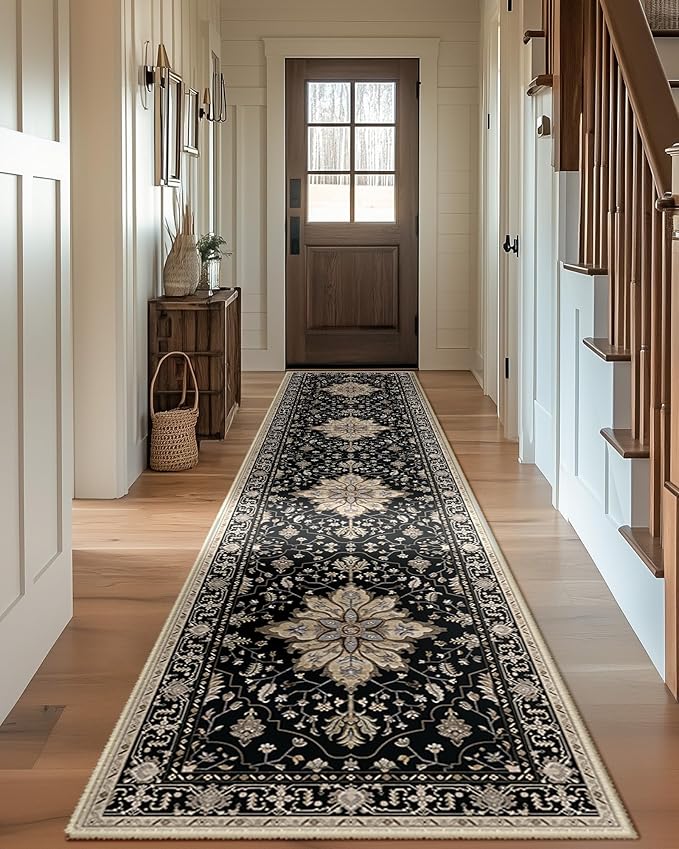 RELEANY Area Rugs 2'x10' Washable Non-Slip, Floral Vintage Distress Print Pattern Medallion Carpet for Living Room Bedroom Dining Room, Black Brown Neutral Dark Tan