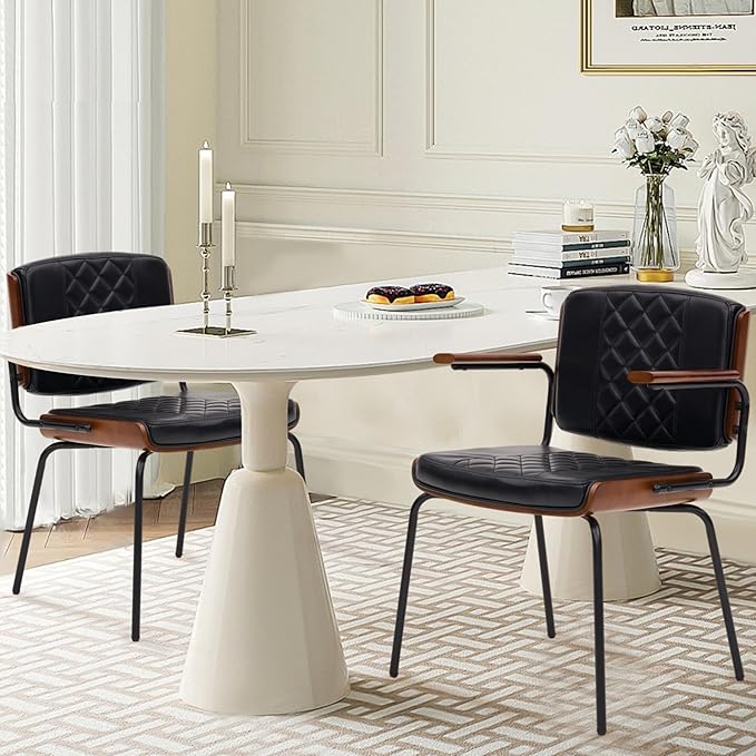 iMenting Upholstered Dining Chair with Arms Modern Kitchen & Dining Room Chair Set 2 Leather Dining Chair for Dining Table Leather Chair Set of 2 for Kitchen Living Room, Black with Black Leg