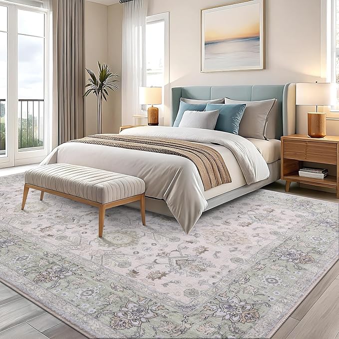 Vanmoos 4x6 Area Rug - Machine Washable, Non-Slip Soft Carpet for Living Room, Bedroom, Office, Dining Room - Durable Accent Rug for Farmhouse & High-Traffic Areas, Cozy Elegance/Green