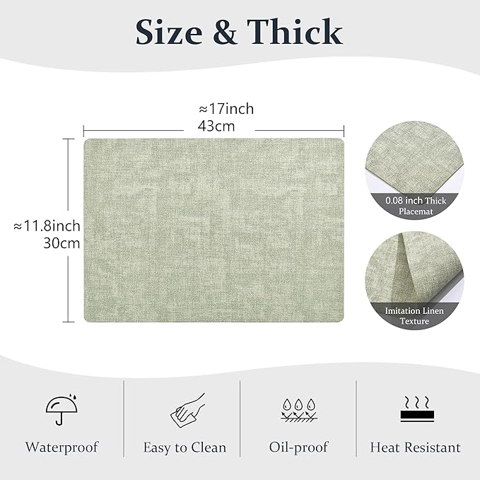 FROMHEART Faux Leather Placemats Set of 8–Waterproof,Heat/Oil Stain-Resistant PU Table Mat–Reversible,Non-Slip,Easy to Clean Place Mats for Kitchen,Dining,Indoor/Outdoor,(Light Green,11.8" x 17")