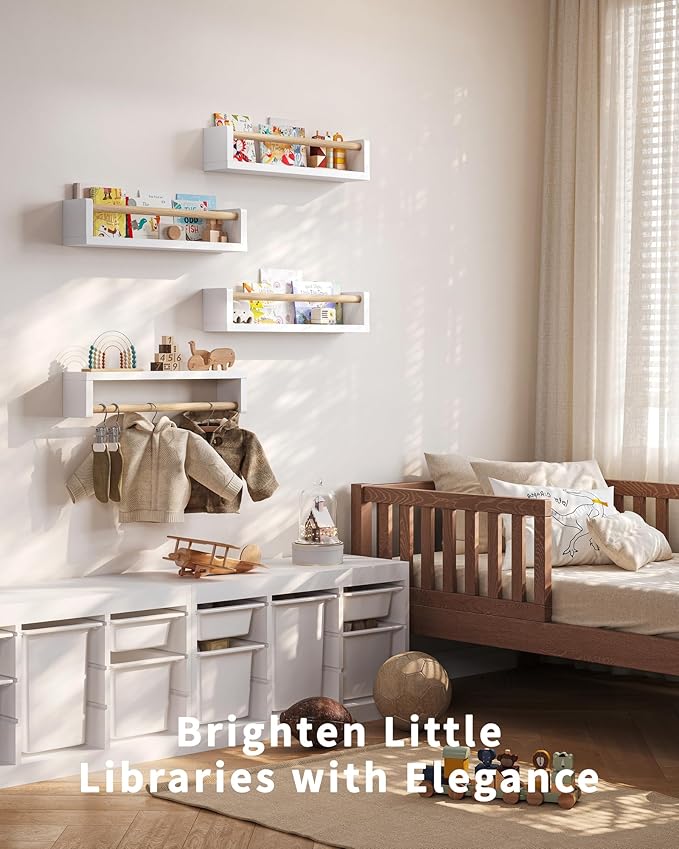 Nursery Book Shelves - 4 Pack, Wall Book Shelves for Bedroom Kids, Kids Wall Book Shelf, Book Shelf for Kid Rooms, Toddler, Baby, Play Room, Nursery Decor (White Wood, 16.5 Inches)