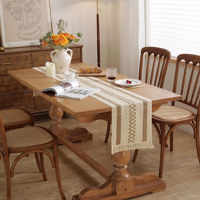Niviy Boho Table Runner with Tassels 12 x 48 Inches Long, Cream & Brown Rustic Farmhouse Table Runner with Tassels for Home Kitchen Holiday Party and Wedding Decor Runner