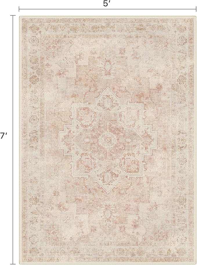 BESBLEE 5x7 Area Rugs for Living Room, Machine Washable Rug, Non Slip Vintage Rugs, Low Pile Lightweight Print Rug for Bedroom, Dining Room, Home Office, Pink