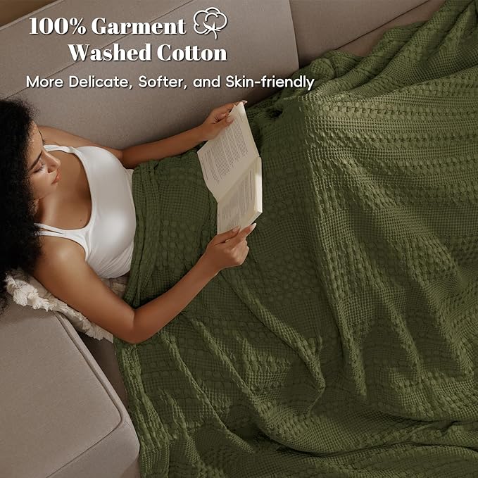 PHF 100% Cotton Waffle Weave Blanket Queen Size for Bed, Soft Lightweight & Breathable, All-Season Comfort, 300 GSM Luxury Aesthetic Blanket for Home Decor, 90"x90", Capulet Olive