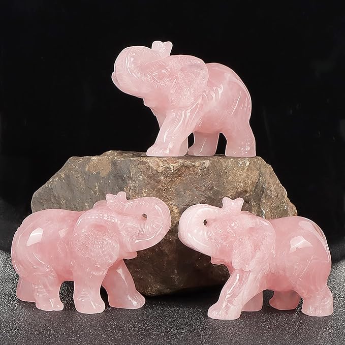2.5in Hand Carved Rose Quartz Crystal Elephant Statue - Healing Craft Home Office Decor & Gifts