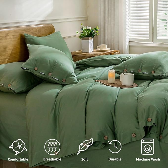 JELLYMONI Cotton Duvet Cover Twin XL Size - Green Comforter Cover with Button 100% Washed Cotton 2PCS Breathable Soft Solid Bedding Set Duvet Cover 66×92in & 1 Pillowcase (NO Comforter)