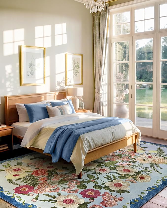 AREAMAY Floral Rug for Living Room - 4x6 Washable Area Rugs Non-Slip Soft Low-Pile Stain Resistant Carpet Unique Flower Print Vintage Indoor Rug for Bedroom Dining Room Office Nursery Room, Blue