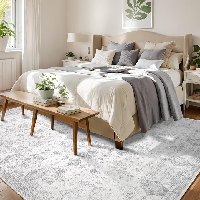 Dotiiorug Washable 8×10 Area Rug for Living Room, Vintage Floral Rug Soft Non Slip Stain Resistant Boho Carpet for Bedroom Dinning Room Kitchen Home Office Grey