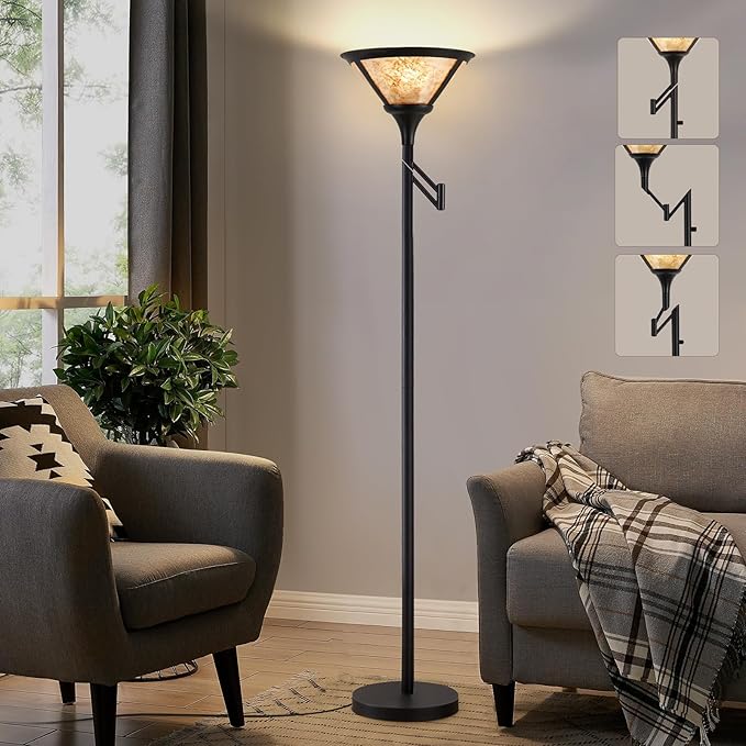 EJIAXIN Floor Lamps for Living Room - 70" Black Torchiere Standing Floor Lamp with White Mica Shade - Tall Corner Lamp Decor for Bedroom with Adjustable Swing Arm LED Reading Light for Home Office
