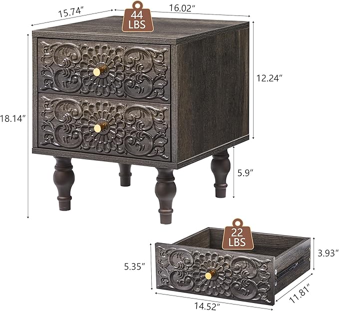 Nightstand, Farmhouse Bedside Table with 2 Drawers and Metal Handles, Wood Sofa Side Table End Table Accent Dresser for Bedroom, Living Room (Black Brown) (15.75 x 16.02 x 18.15 Inch)