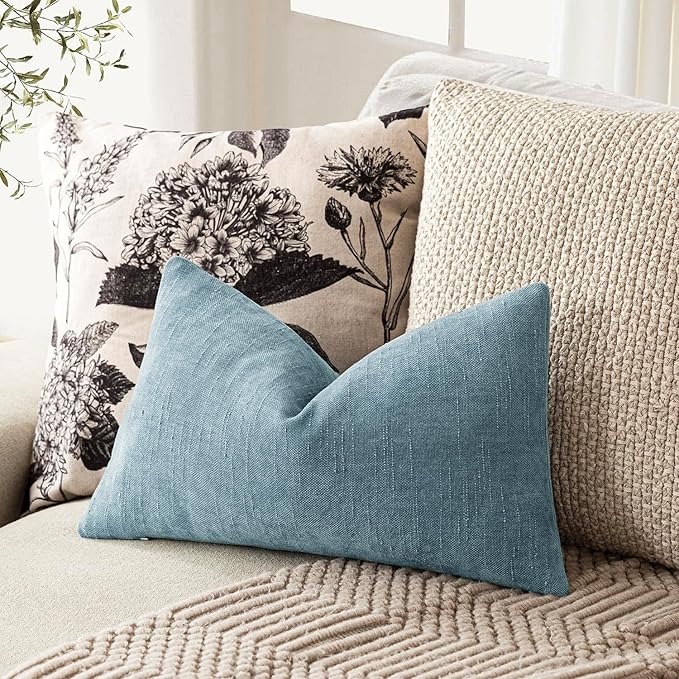Foindtower Pack of 2 Soft Textured Chenille Throw Decorative Pillow Covers Square Accent Solid Cushion Cover Neutral Lumbar Pillow Case for Couch Sofa Bedroom Living Room 12x20 Inch,Light Blue