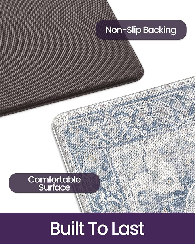 DEXI Kitchen Floor Mats Anti Fatigue, 17x59 Cushioned Vintage Runner Rug Waterproof, Standing Comfort Memory Foam Padded for Front Sink Laundry Office, Light Grey and Blue