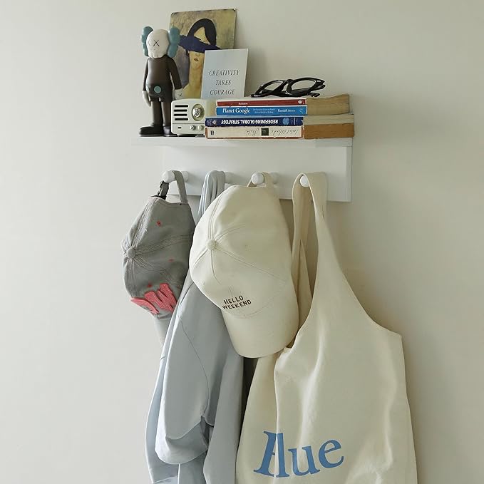 Entrance Coat Rack ，Coat Hooks, Wall-Mounted Wooden Hook Rack, Wall-Mounted Shelves are Very Suitable (White Color Finish—A-2)