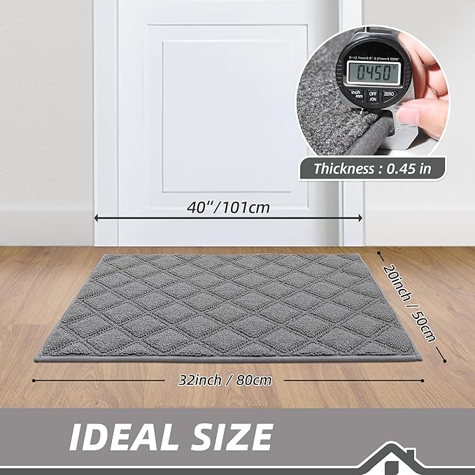 BEQHAUSE Dirt Trapper Door Mat 20" x 32", Non-Slip Washable Doormats Welcome Mat, Dirt Resistant and Absorbent Entrance Mat, Low Profile Floor Mats for Front Back Door, Entryway, Grey