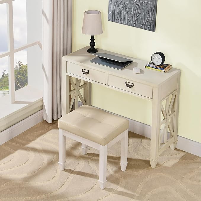 Vanity Stool Bench with Faux Leather Upholstered , Makeup Dressing Bench with Solid Wood Leg, Piano Bench Stools, Child Stool,18.5"L x 14.2"W x 18.5"H Stools, White Leg & Beige Surface FD2405PBG