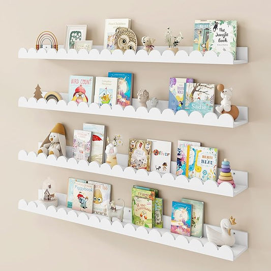 Fun Memories 36 Inch Scalloped Shelf, White Picture Ledge Shelf for Wall, Set of 4, Kids Book Shelves with Floating Design for Kids Rooms, Bedroom