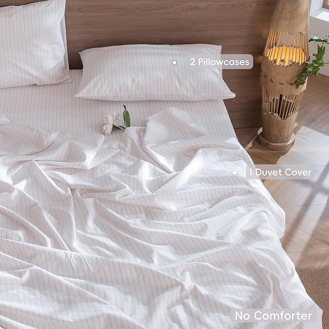 MooMee Striped Duvet Cover Set 100% Washed Cotton Linen Like Textured Breathable Durable Soft Comfy (White Heathered Greyish Pink Wide Stripes, Full 80"x90")