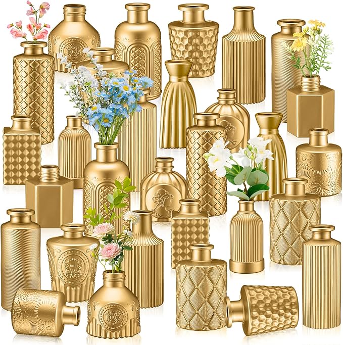 Yaomiao 30 Pcs Vases Bulk Colored Flower Glass Bud Vases Valentine Vintage Colored Glass Bottles Colorful Rustic Embossed for Home Wedding Table Decorations Gifts