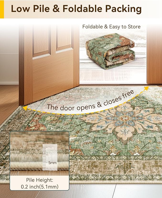 RELEANY Area Rugs 2'x6' Washable Non-Slip, Floral Vintage Distress Print Pattern Medallion Carpet for Living Room Bedroom Dining Room, Brick Red Rust Neutral Brown Burnt Orange Green