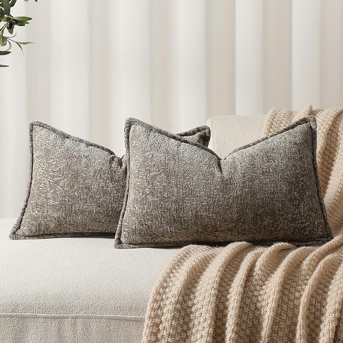 DEZENE Pack of 2 Grey Decorative Throw Pillow Covers 12x20 Cozy Soft Chenille Accent Vintage Rectangular Lumbar Couch Pillow Covers for Home Decor Bed Sofa Living Room