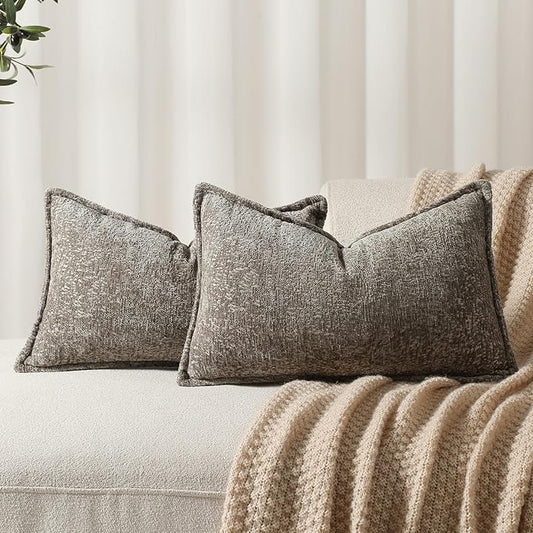 DEZENE Pack of 2 Grey Decorative Throw Pillow Covers 12x20 Cozy Soft Chenille Accent Vintage Rectangular Lumbar Couch Pillow Covers for Home Decor Bed Sofa Living Room