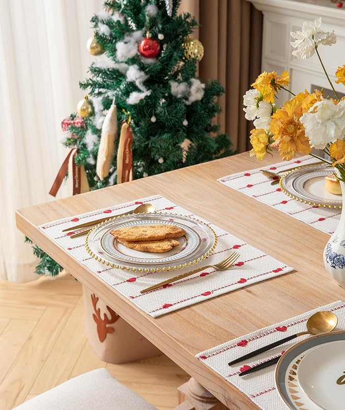 Christmas Valentines Placemats Set of 6, Cotton Linen Woven Table Mats for Modern Dining Table, 13x19 Inch Rustic Kitchen Valentine's Day Decorations Red Place Mats