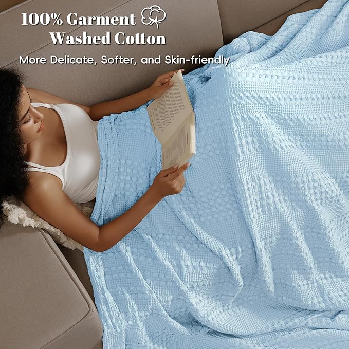 PHF 100% Cotton Waffle Weave Blanket Twin Size for Bed, Soft Lightweight & Breathable, All-Season Comfort, 300 GSM Luxury Aesthetic Blanket for Home Decor, 66"x90", Baby Blue