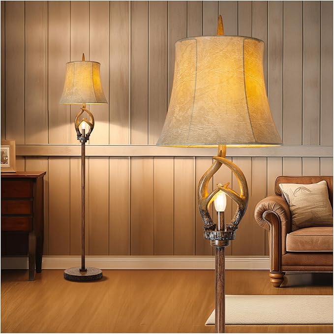 Scenekoy Rustic Farmhouse Antlers Floor Lamp with Night Light Faux Leather Bell Shade Brown Finish Tall Industrial Tall Standing Lamp Decor for Living Room Bedroom Hotel Office (Bulb Included)