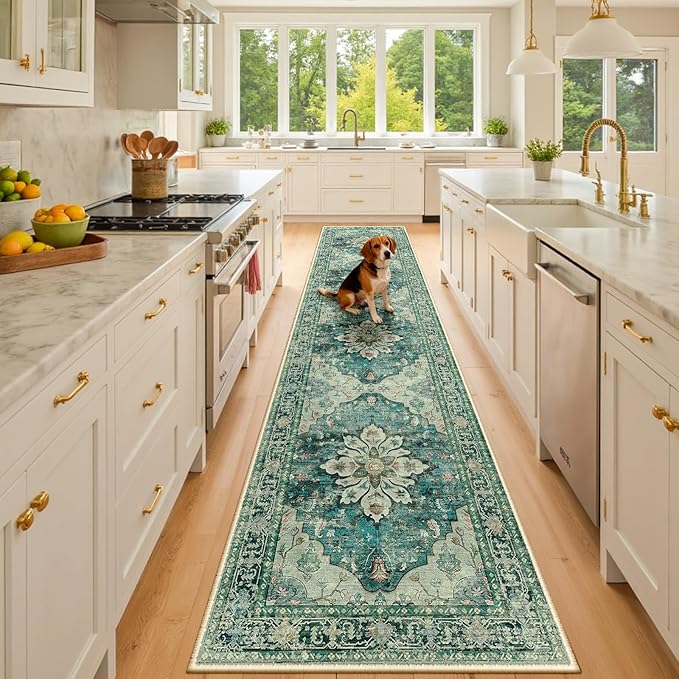 RELEANY Area Rugs 2'x10' Washable Non-Slip, Floral Vintage Distress Print Pattern Medallion Carpet for Living Room Bedroom Dining Room, Dark Blue Vintage