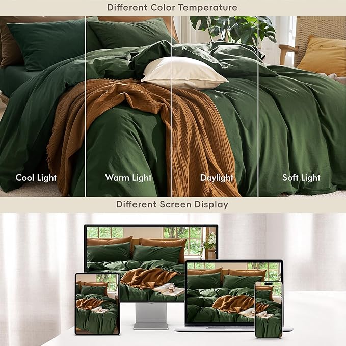 MooMee Bedding Duvet Cover Set 100% Washed Cotton Linen Like Textured Breathable Durable Soft Comfy (Solid Forest Green, Palatial King/Oversized King 120"x98")