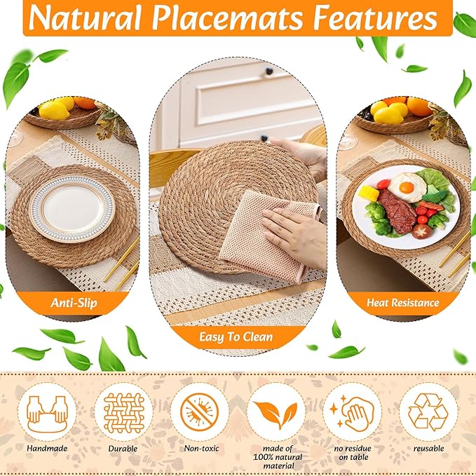 6 Sets Boho Placemats: Round Woven, Rectangular Boho, Wooden Bead Napkin Rings, Cloth Napkins, Long Table Runner & Storage Basket - Natural Burlap Cotton for Kitchen Dining Table Home