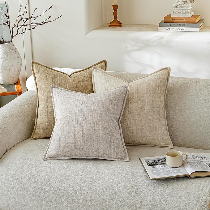 a moment Linen Pillow Covers Set of 2,Boho Farmhouse Throw Pillowcases Neutral Textured Decorative Covers for Couch Sofa Bed, Soft Linen Blend Accent Case Cushion Living Room Home Decor 20"x20"Ivory