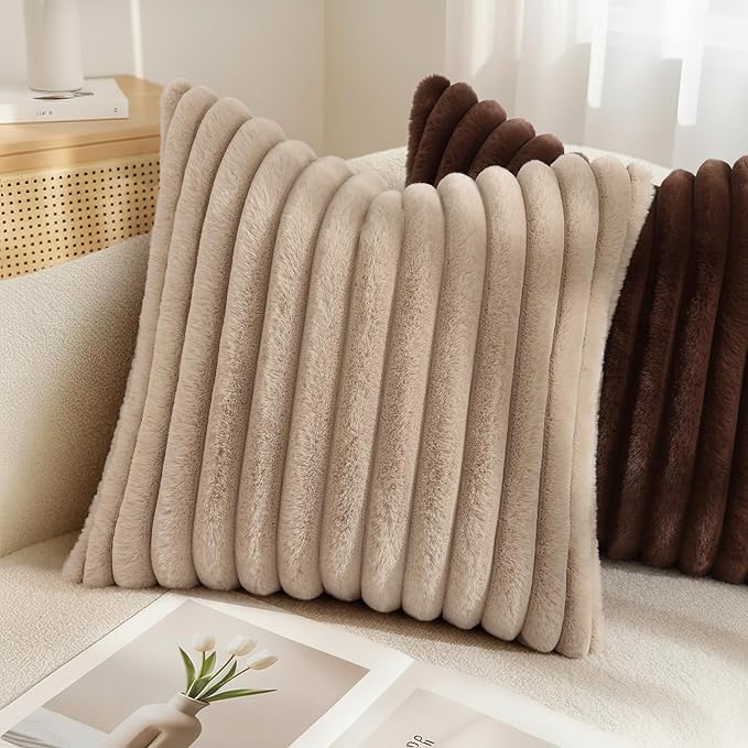 decorUhome Faux Fur Throw Pillow Covers 26x26 Set of 2, Decorative Soft Plush Striped Neutral Couch Euro Pillow Covers with Velvet Back for Sofa, Bed, Living Room Home Decor, Dark Brown