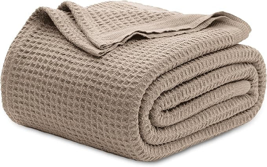 Bedsure Gentlesoft 100% Cotton Blanket King Size for Bed - Breathable and Soft for Spring Summer, Thick Cozy Waffle Weave Blanket Gifts for Women, Light Brown, 104x90 inches