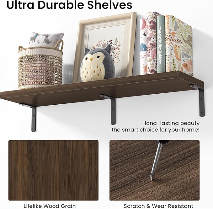 Marsmiles Extra Wide Floating Shelves for Wall, 16x8 Inch Natural Wood Grain Bookshelves, Heavy Duty Mounted Shelving for Bathroom, Kitchen, Living Room, Bedroom,Set of 2，Walnut
