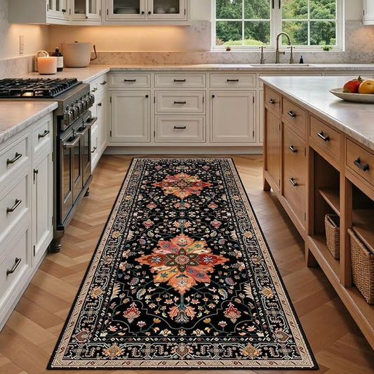 RELEANY Area Rugs 3'x8' Washable Non-Slip, Floral Vintage Distress Print Pattern Medallion Carpet for Living Room Bedroom Dining Room, Black Colorful Floral Dark Tan