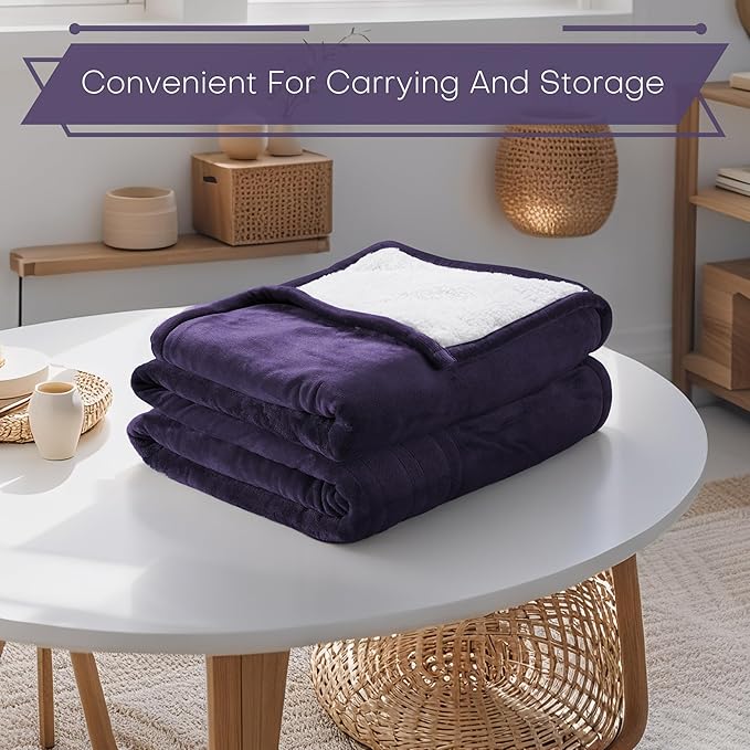 Electric Heated Blanket Throw Size 50"x60" - Flannel & Sherpa Fabric Dual-Sided, 6 Heat Settings & 1-3 Hours Auto Off, Soft & Cozy Warming Throw for Home, Office, or Bed, Machine Washable, Purple