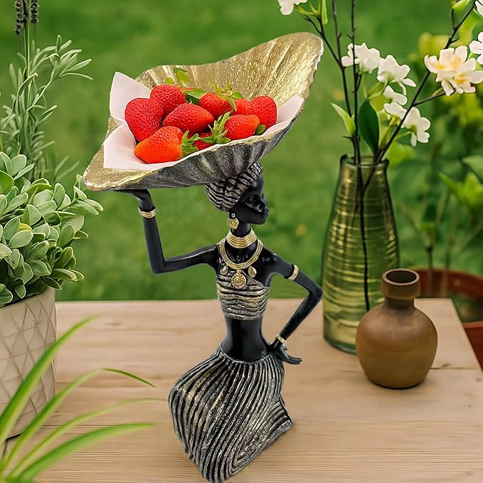 African Woman Carrying Bowl Statue – Resin Figurine, Black and Gold Tribal Sculpture, African Cultural Decor, Jewelry Candy Holder Dish