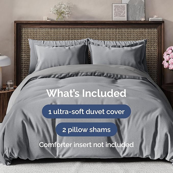 CGK Unlimited Duvet Cover Queen Size Set - Extra Soft Queen Size Duvet Cover 90 x 90 with 2 Pillow Shams - Hotel Quality w/Zipper Closures & Ties - Bedding and Bed Linens Set (Heathered Grey)