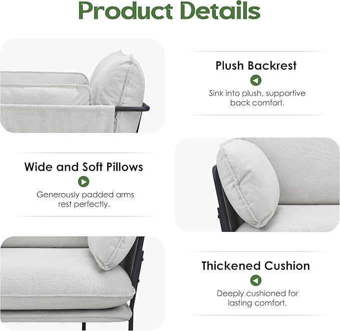 AYEASY Modern Accent Chair for Living Room, Oversized Reading Chair with Solid Metal Legs, Upholstered Fabric Armchair with Side Pockets and 2 Pillows, Comfy Accent Chairs for Bedroom, Nursery, White