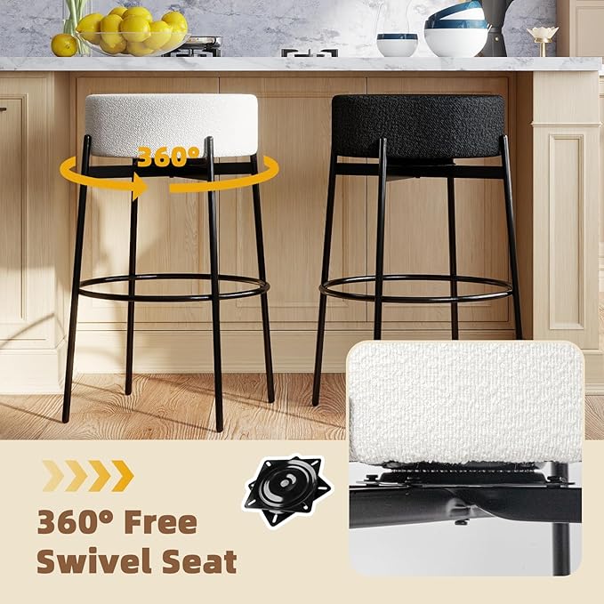 SoarFlash Modern Rotatable Bar Stools Set of 2, 30" Sherpa Swivel Counter Height Stools with Round Soft Padded Boucle Backless Seat, White