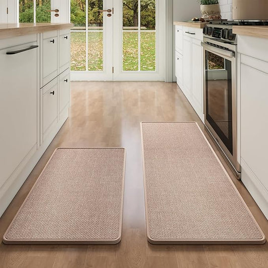 Kitchen Mat Kitchen Rugs Sets of 2 PCS Non Slip Washable, Linen-Like 0.3" Thick Cushioned Absorbent Kitchen Mats for Floor, Mild Anti-Fatigue Sink Laundry Standing Mat, Brown 17"x30"+17"x47"