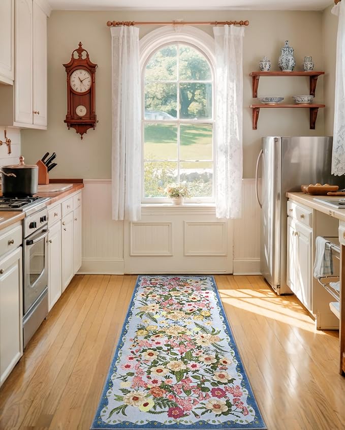 AREAMAY Floral Runner Rug 2x6 - Washable Vintage Kitchen Rug Low Pile Non-Slip Carpet for Entryway Hallway, Laundry, Bedroom - Soft, Stain Resistant Indoor Area Rug - Blue