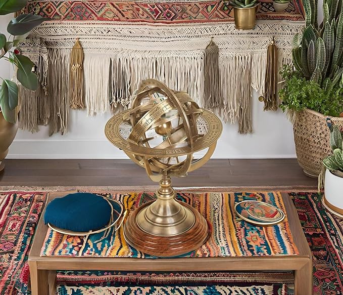 Antique Vintage Zodiac Armillary Decorative Globe with Wooden Base - 5 Inch Brass Sphere World Globe Zodiac Engraved Celestial, Antique Ship Decor