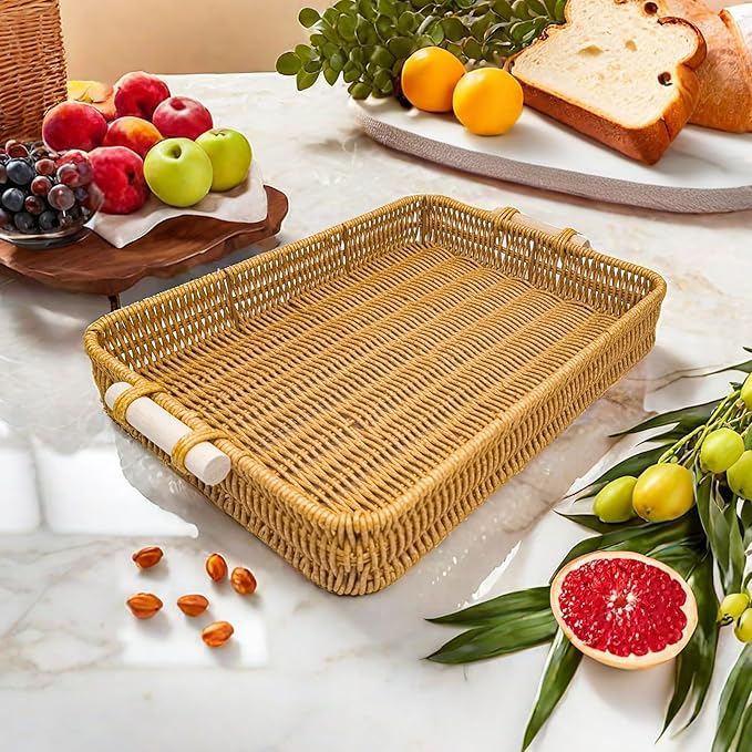 GIB PP Wicker Woven Trays with Handles, Rectangle Rattan Tray Bread Basket for Serving Food, Vegetables, Breakfast, Coffee Table Decor, Set of 2